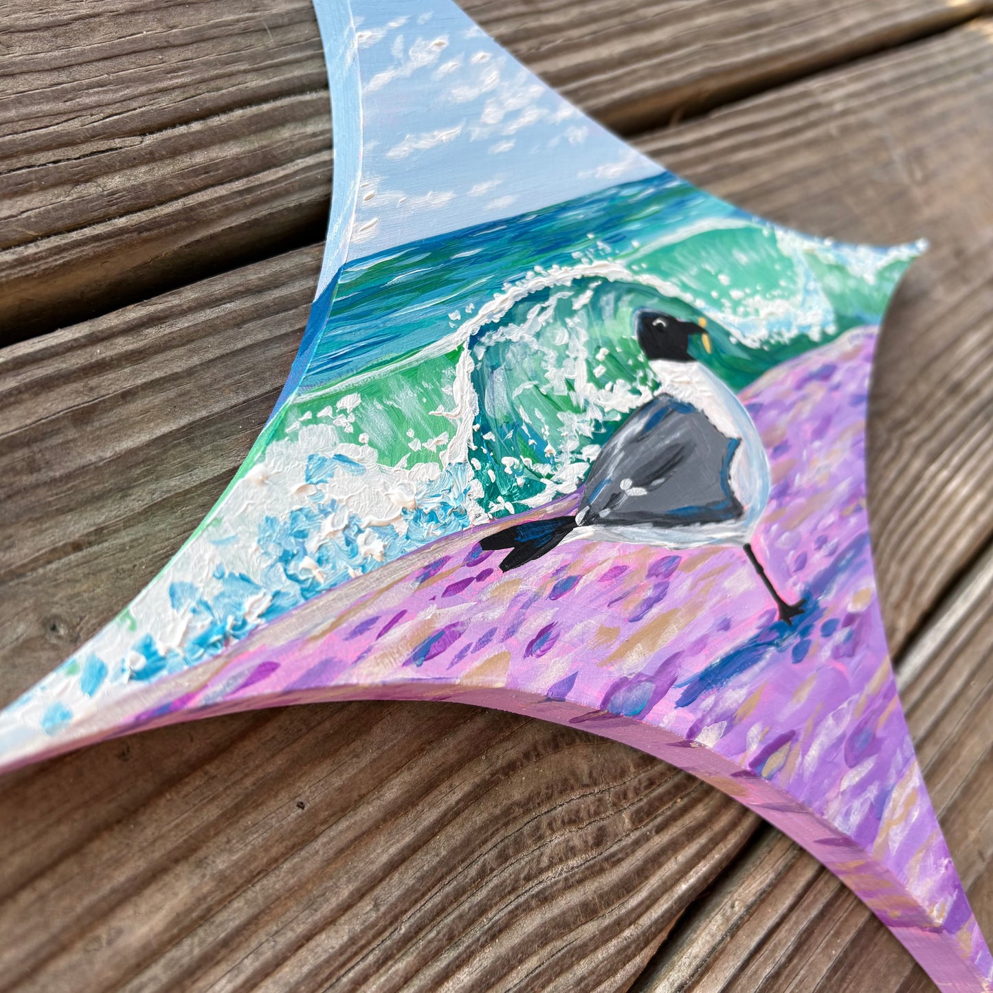 happier than a seagull with a french fry - original painting on retro star birch wood panel
