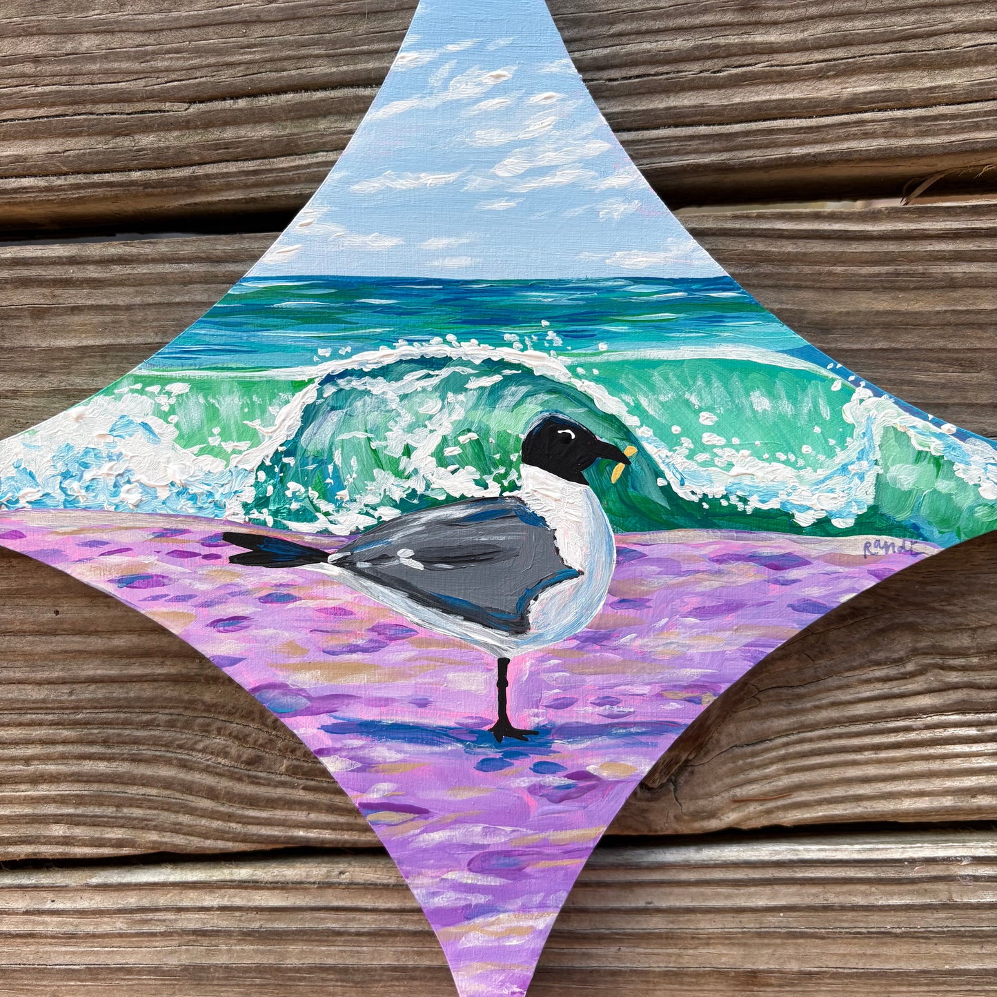 happier than a seagull with a french fry - original painting on retro star birch wood panel