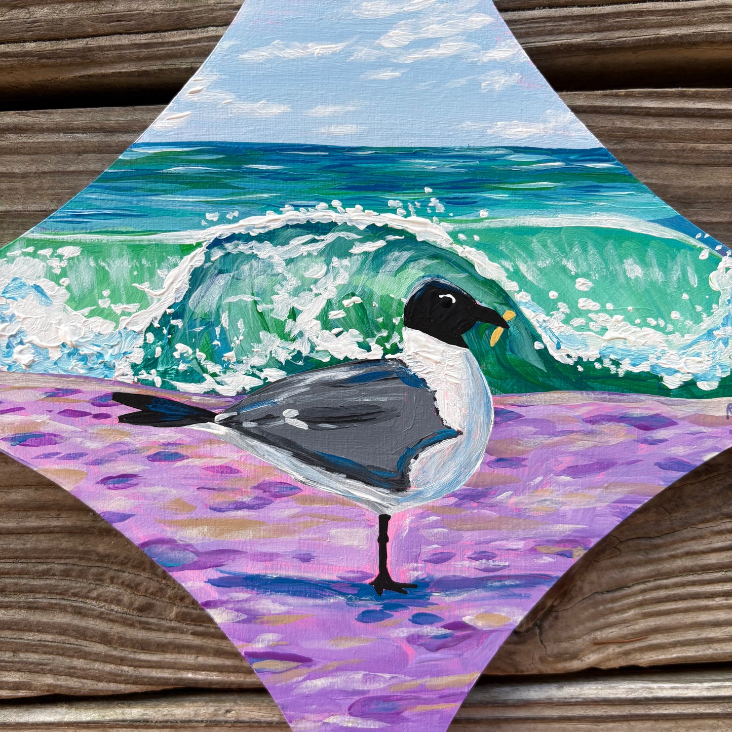 happier than a seagull with a french fry - original painting on retro star birch wood panel