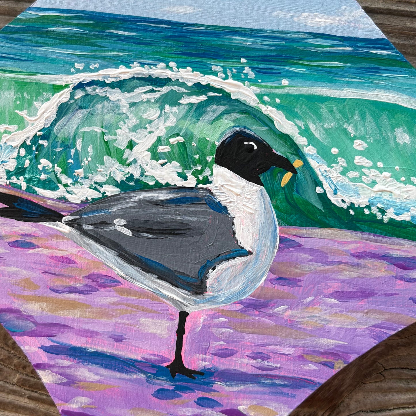 happier than a seagull with a french fry - original painting on retro star birch wood panel