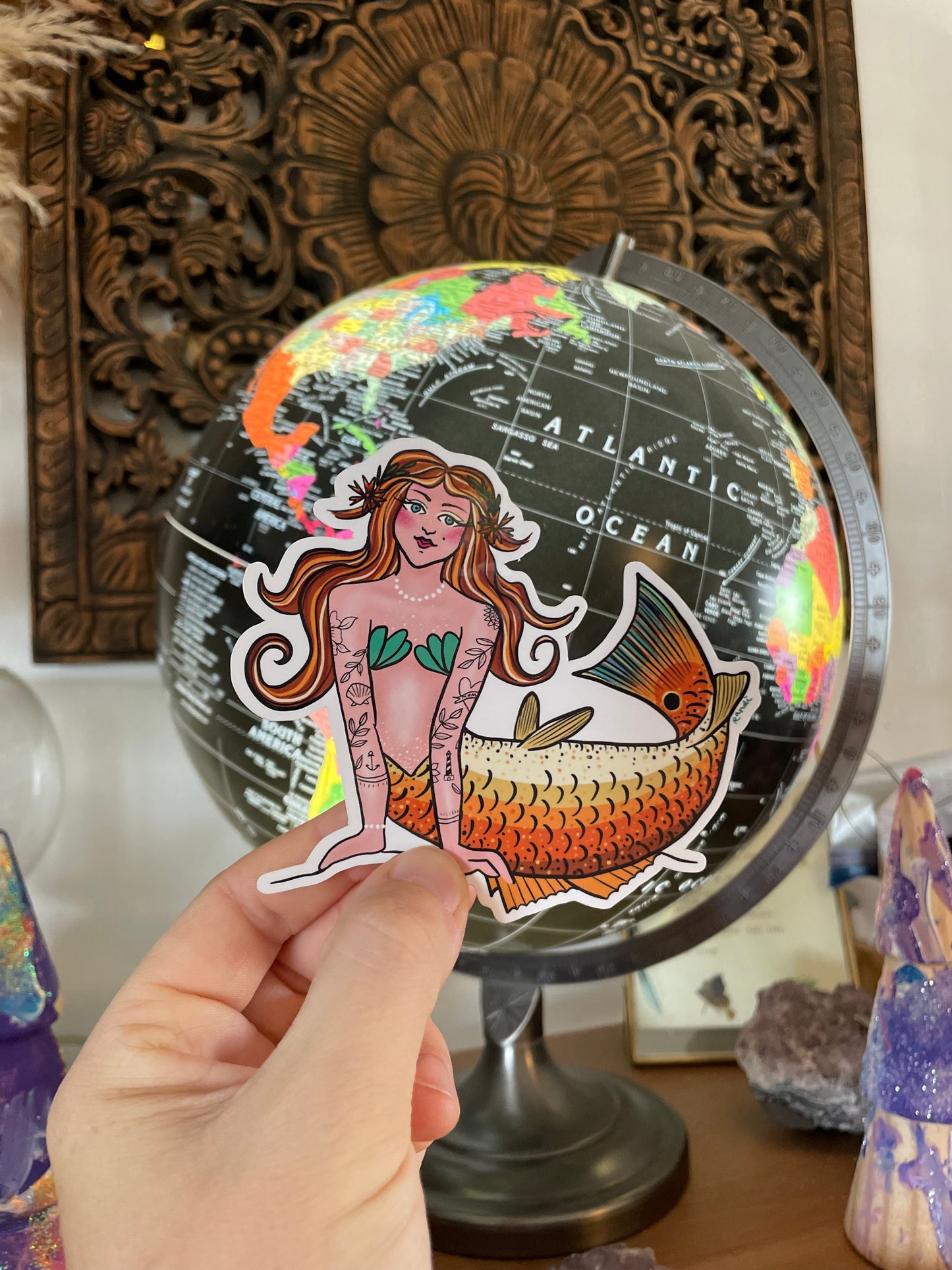 vinyl sticker - hattie - the red drum tailed mermaid