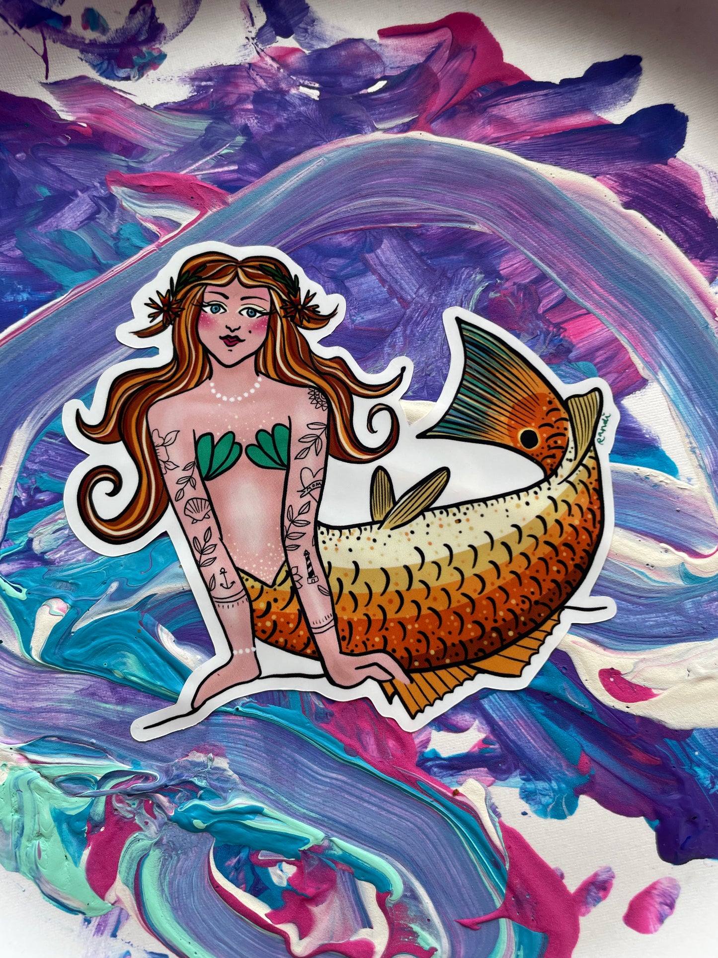 vinyl sticker - hattie - the red drum tailed mermaid