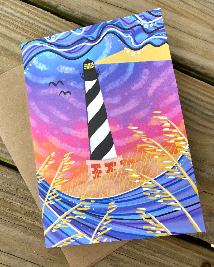 blank greeting card - sunset at lighthouse beach