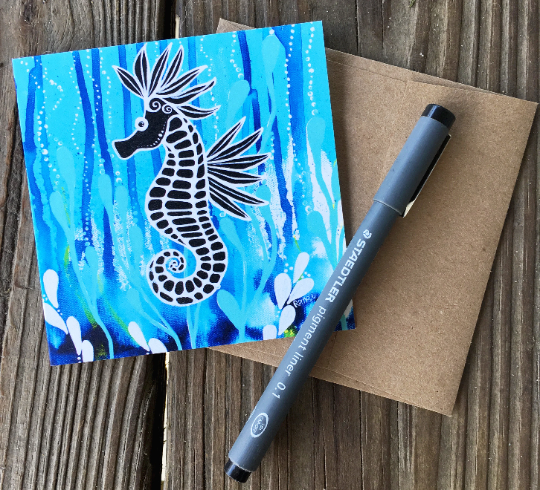 blank greeting card - deep blue seahorse