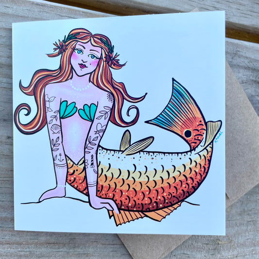 greeting card - red drum mermaid