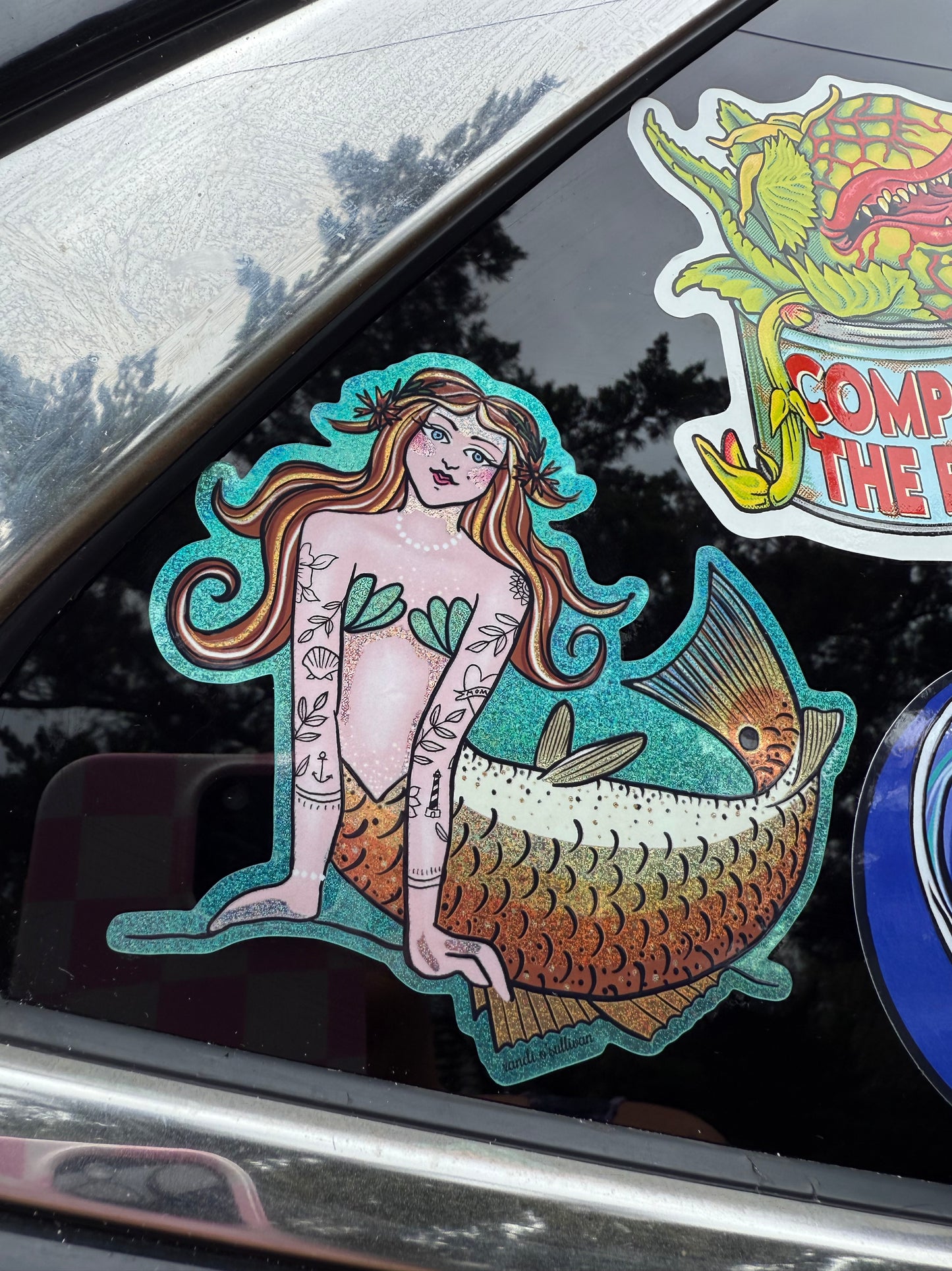 vinyl glitter sticker - sparkly hattie - the red drum tailed mermaid (Copy)