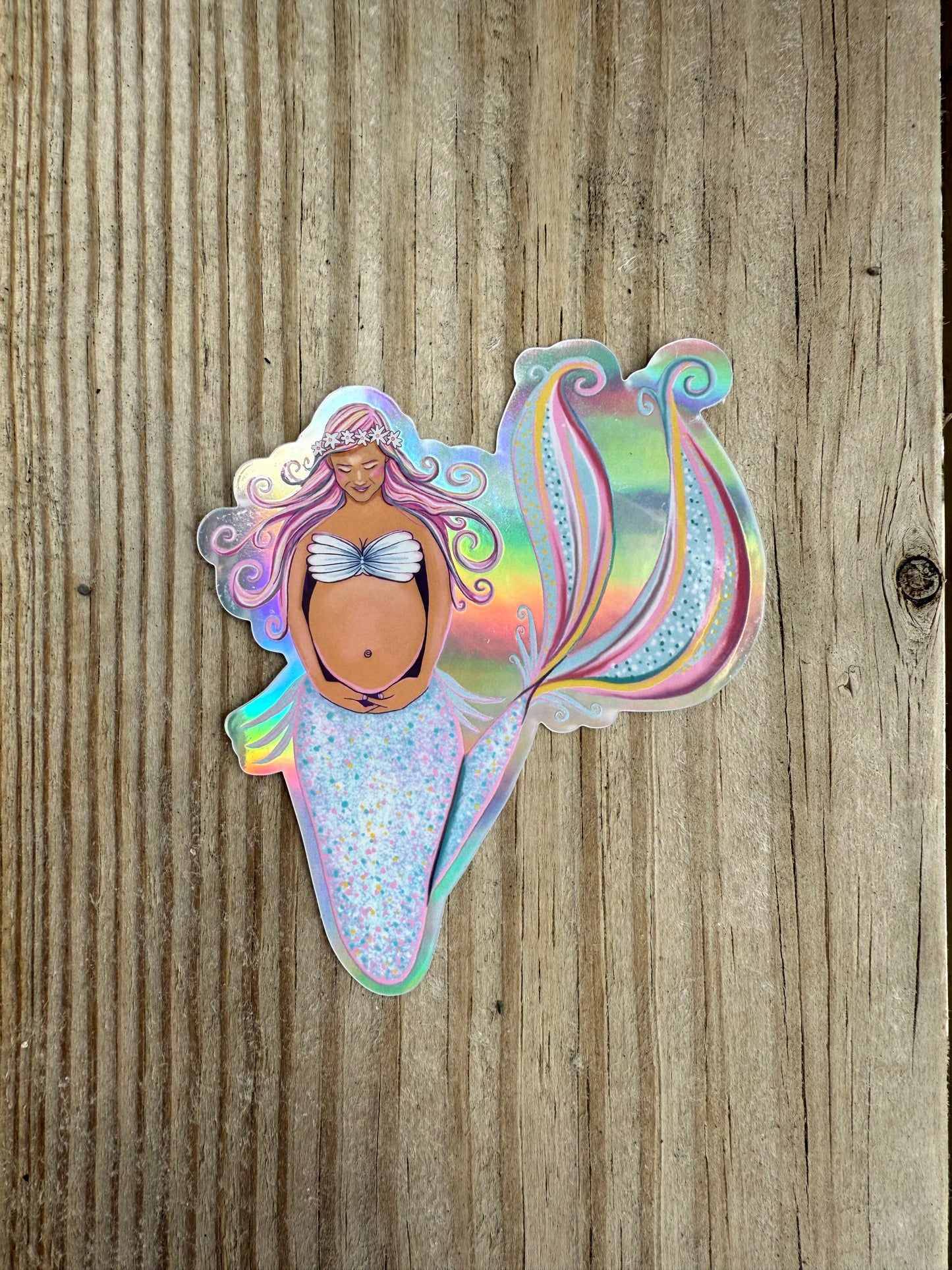 “waiting” - holographic vinyl sticker - pregnant mermaid