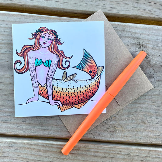 greeting card - red drum mermaid