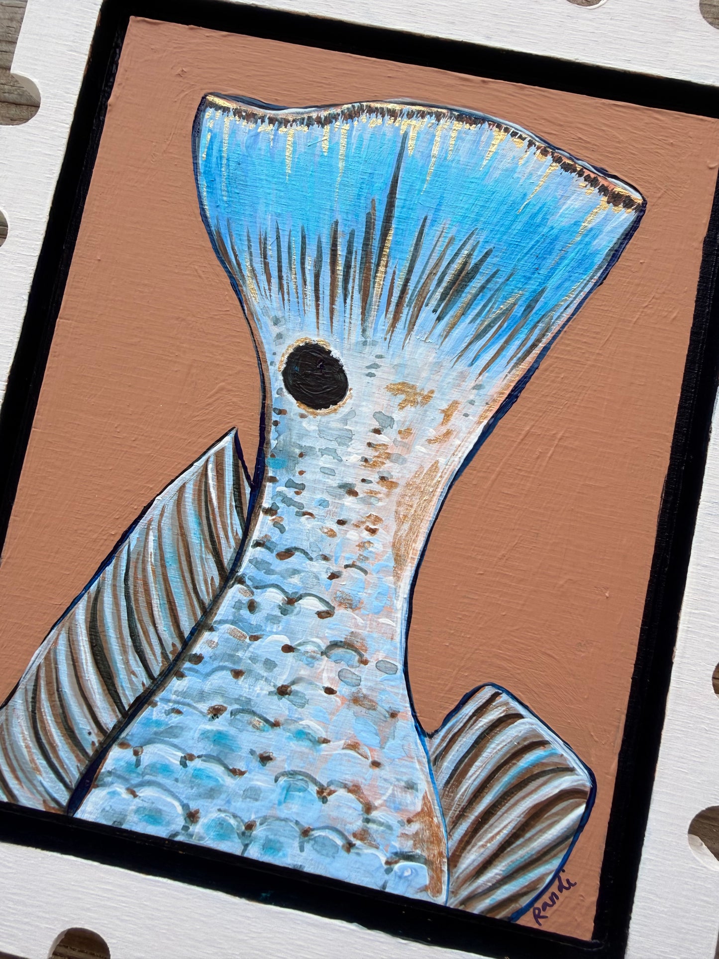 red drum tail - original stamp panel painting