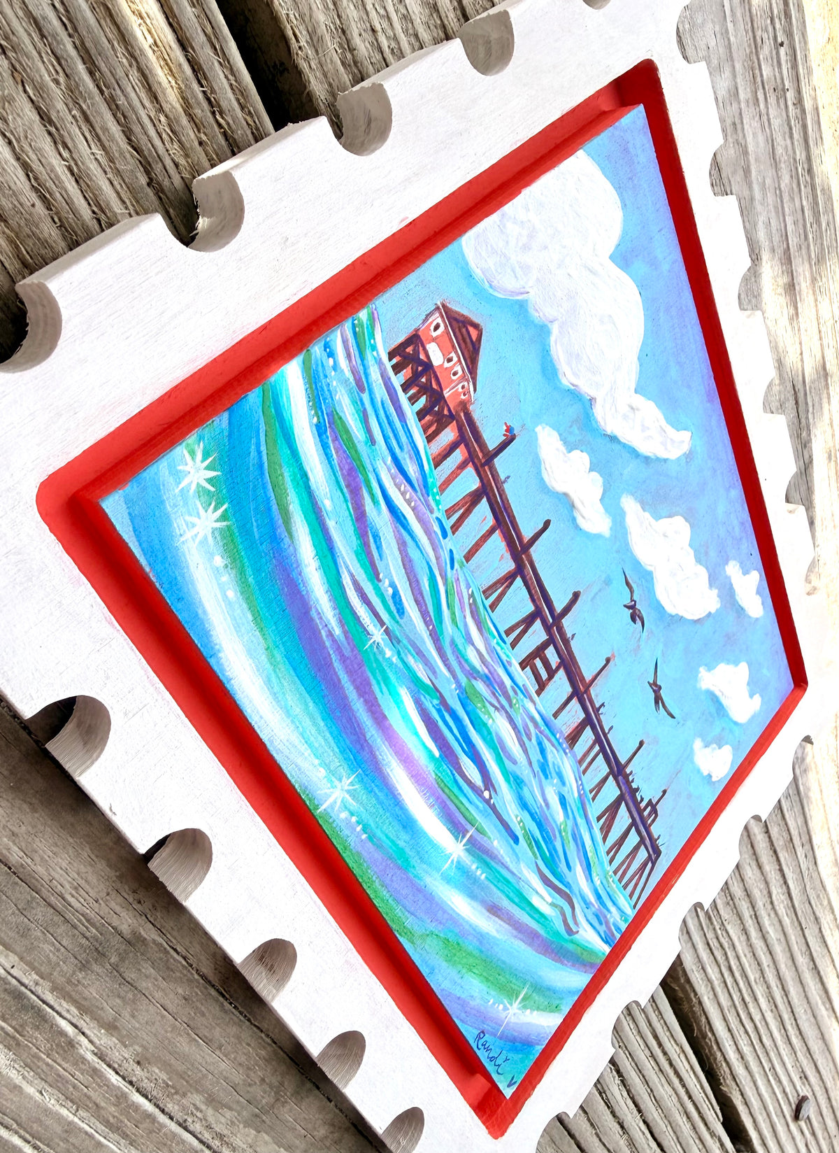 summer float - original postage stamp panel painting - rodanthe pier