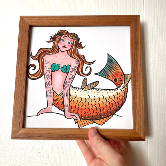 “hattie” - custom framed red drum mermaid archival print