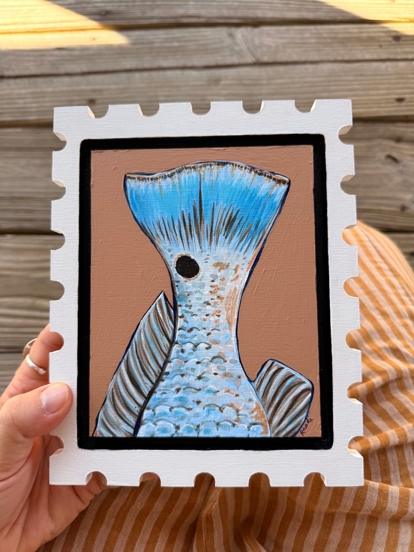 red drum tail - original stamp panel painting