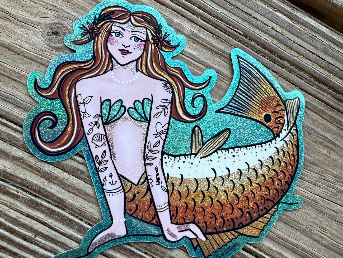 vinyl glitter sticker - sparkly hattie - the red drum tailed mermaid (Copy)