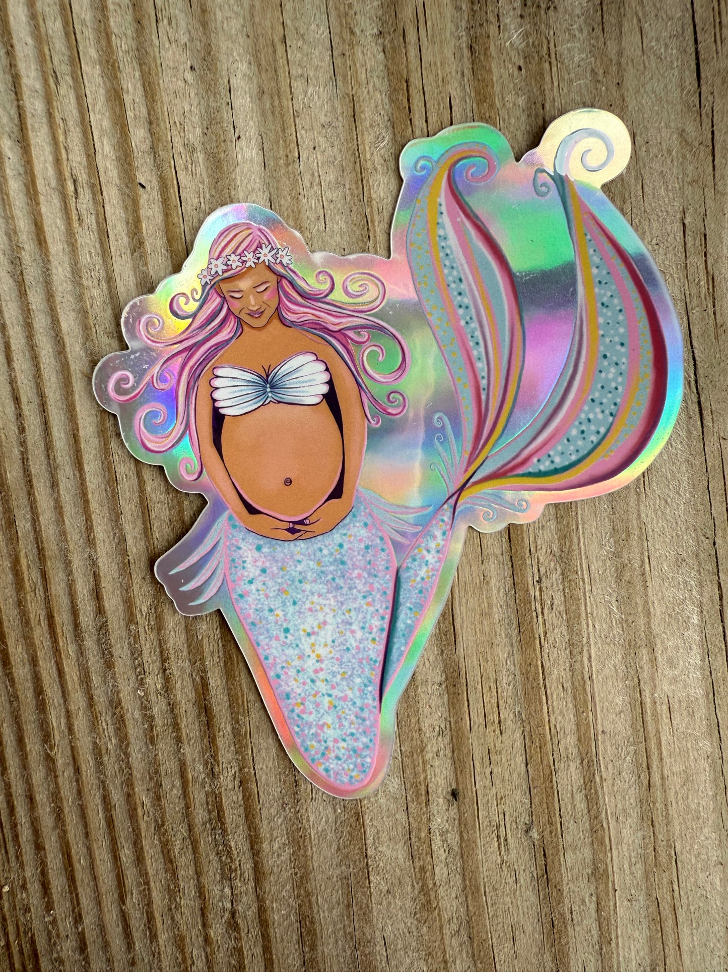“waiting” - holographic vinyl sticker - pregnant mermaid
