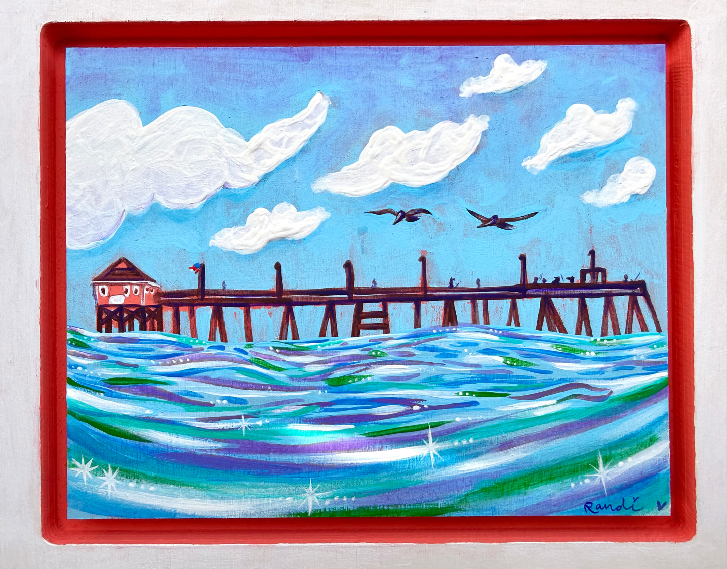 summer float - original postage stamp panel painting - rodanthe pier