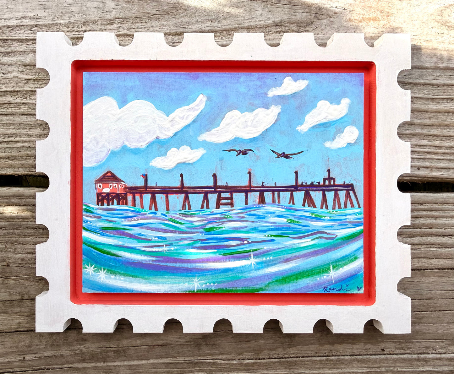 summer float - original postage stamp panel painting - rodanthe pier
