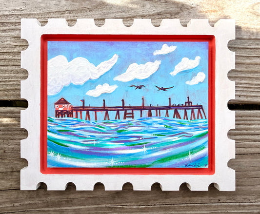 summer float - original postage stamp panel painting - rodanthe pier
