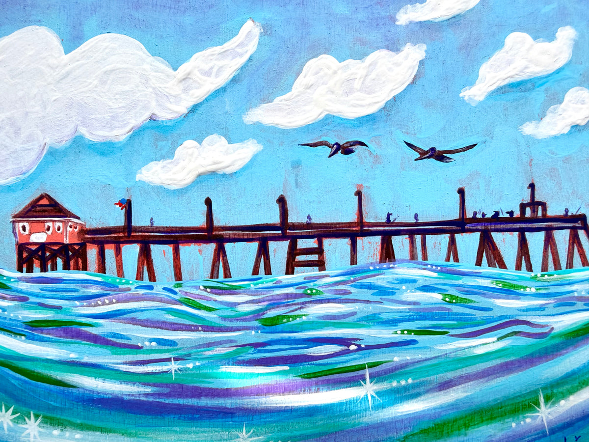 summer float - original postage stamp panel painting - rodanthe pier