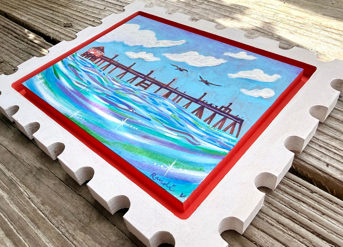 summer float - original postage stamp panel painting - rodanthe pier