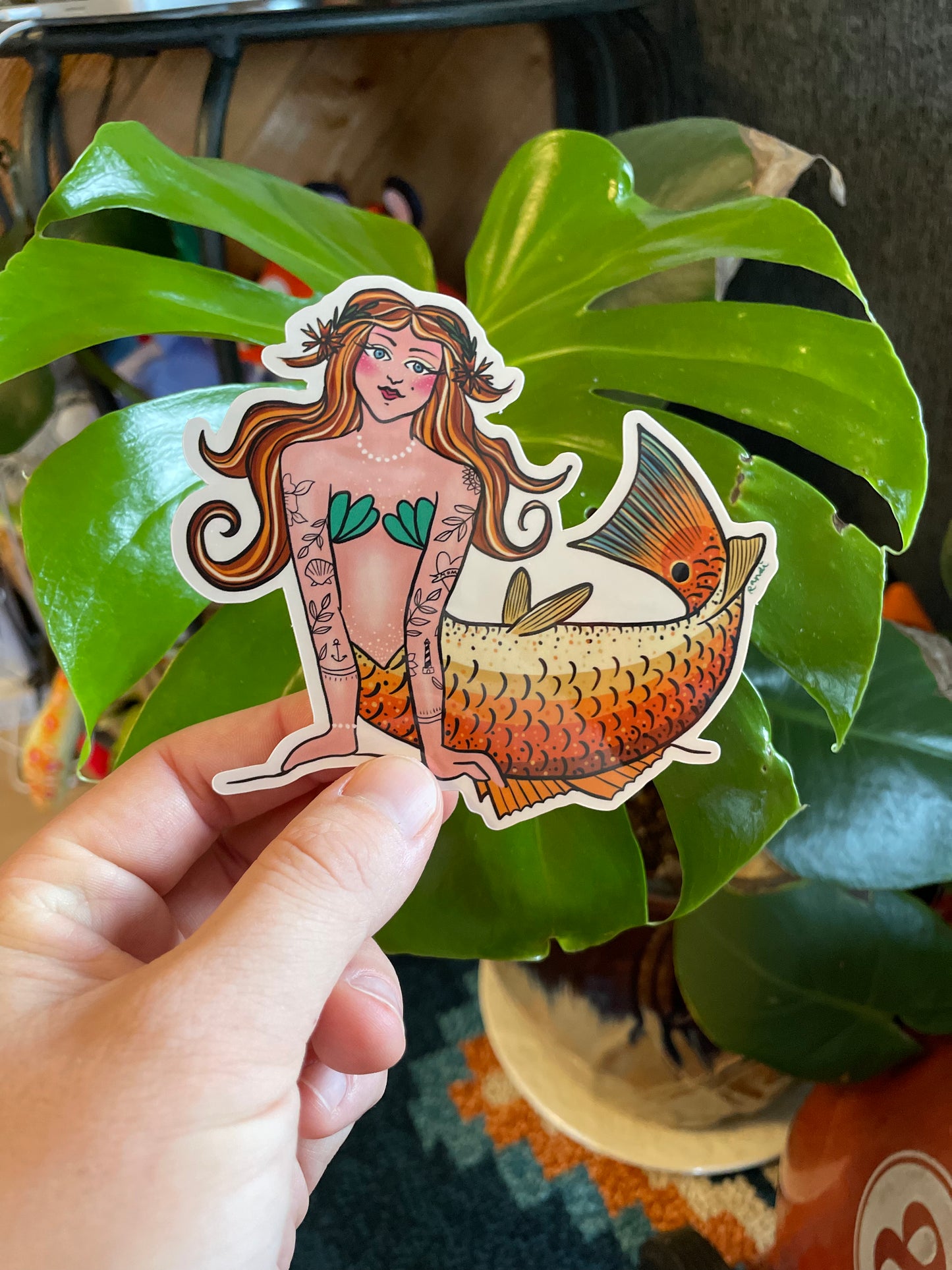 vinyl sticker - hattie - the red drum tailed mermaid