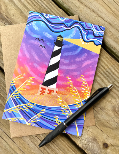 blank greeting card - sunset at lighthouse beach