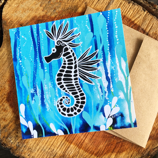 blank greeting card - deep blue seahorse