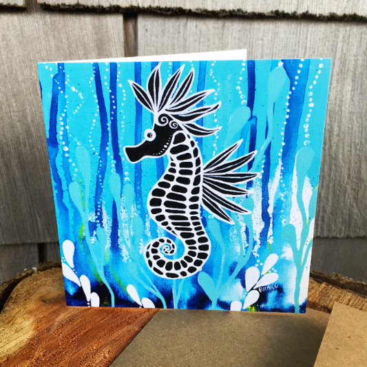 blank greeting card - deep blue seahorse